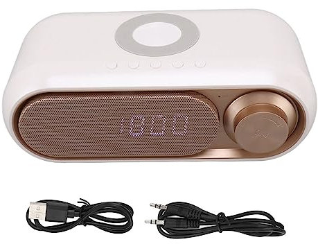 PerGar Réveil Numérique, Radio-réveil avec Chargeur sans Fil, Réveil Numérique LED élégant avec Haut-Parleur Bluetooth, Radio FM Haut-Parleur Bluetooth avec Chargeur sans Fil pour(Spray Blanc Or 10W)