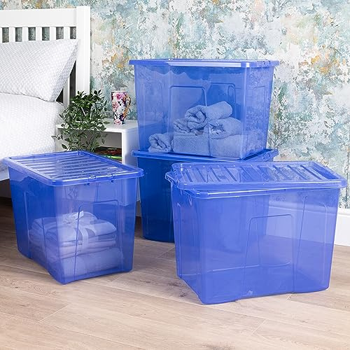 Wham Crystal 4 x 80L Stackable Plastic Storage Boxes with Lids | Ideal for Home, Office, Toys & More | Large Boxes | Made in UK - Spectrum Blue