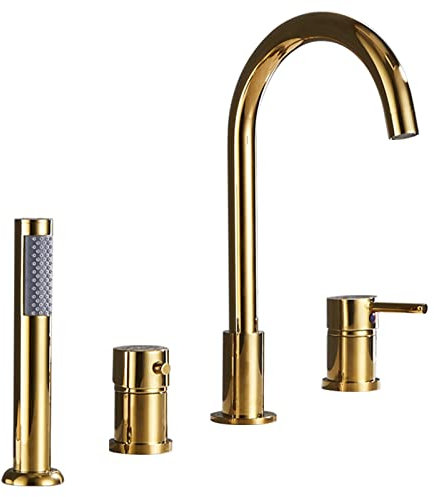 Mitigeur de baignoire-douche monté sur pont à 4 trous et kit de douche, mitigeur de baignoire chaud et froid à poignée unique avec douchette extractible pour mitigeur de salle de bain, doré vision