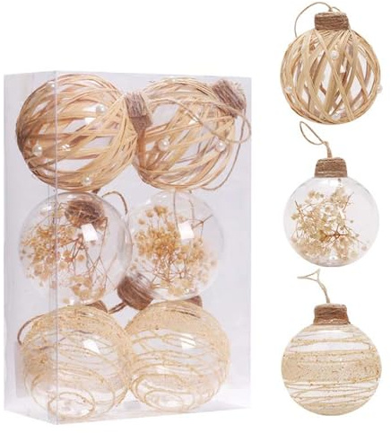 GLITZFAS Weihnachtskugel Set 6 Stück, 8 cm Klare Weihnachtskugeln aus Kunststoff Weihnachtsbaumschmuck Boho Beige Christbaumkugeln Hängende Christmas Decorations Ornamente (Beige B)