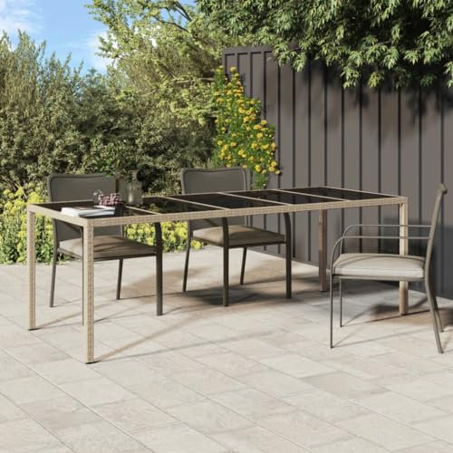 AUVYI Mesa auxiliar de jardín beige de 250 x 100 x 75 cm, cristal templado y polirratán, mesa auxiliar, pequeña, multifunción, mesa de cena, mesa de póquer, mesa de cocina, mesa de cerveza, mesa de