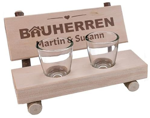 Unikatolo Schnapsbank Bauherren mit Name graviert, personalisiertes Geschenk zum Richtfest, Einzug, Hausbau, für Männer und Frauen, kleine Holzbank mit 2 Schnapsgläsern