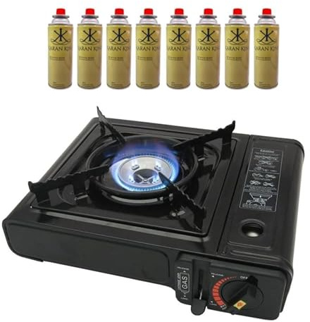 UTTAM Black Portable Camping Stove with Cary Case | EN417 Compliant Camping Portable Stove | Camping Stove with Automatic Ignition & Heat Control (Stove + 8 Butane Cannister)