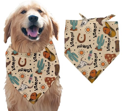 Arricraft 1 Pc Dog Bandana, 78x55cm Brown Cotton Scarf, Cowboy Theme Hats Boots Cow Skull Triangle Pet's Bandana, Adjustable Comfortable Pet Bib, Washable Kerchief for Large Dog