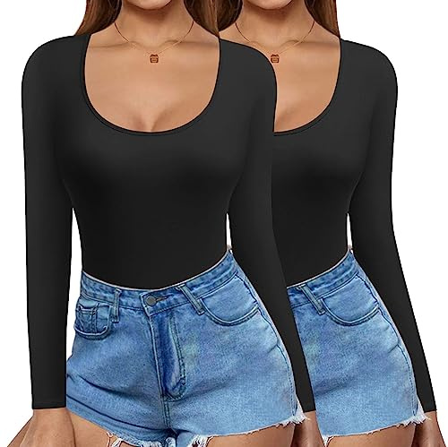 Ekouaer Thermal Tops Womens Scoop Neck Long Sleeve Top Slim Fit Thermal Base Layer Ladies Tight Shirt, Black+Black, M