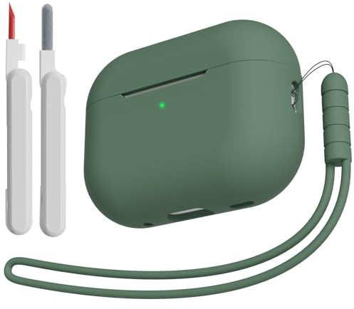 KOKOKA Silikon Hülle Schutzhülle Kompatibel für Airpods Pro 2/1 2023/2022/2019 mit Reinigungsset und Silikonband, Stoßfeste Weiche Schutzhülle Case für Airpods Pro 2nd/1st Generation, Deep Green