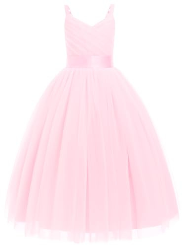 Vestido largo plisado de princesa para niñas, vestido largo para boda, dama de honor, graduación, vestido de baile, vestido bordado de encaje floral, elegante vestido con cuello en V, rosa, 13-14 años
