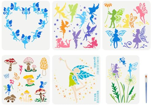 FINGERINSPIRE 6 Stück Zeichenschablone Mit Fee Und Elfe Und Einem Pinsel In 2 Größen Malvorlage Traumengel Fee Mit Pusteblume Stern Mond Pilz Schablone Zum Malen Auf Holz Wänden Stoffen Und Möbeln