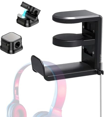 Adjustable Headphone Stand with 2 Cable Clips - for Office & Work From Home Essentials, Versatile Headset Holder for Organised Space, Under Desk Headphone Hanger - Office Accessories & Gaming Setup