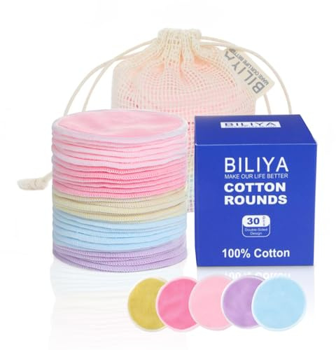 BILIYA Bamboo Fiber Makeup Remover Pads,Gentle for Sensitive Skin,30 Pack,Reusable,Eco-Friendly,Zero Waste, Quick Makeup Removal, Travel Essential
