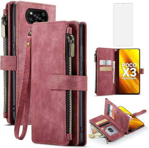 Asuwish Funda para Xiaomi Poco X3/X 3 Pro/PocoX3 NFC con Cristal Templado Protector Pantalla Vidrio Pelicula Protectora Libro Cuero Piel Tarjetero Soporte Mi 3X 5G Tapa Carcasa Capa Movil Case Rojo