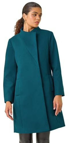 Roman Originals Tailored Funnel Neck Pocket Detail Coat for Women UK - Ladies Everyday Autumn Winter Comfy Soft Evening Vacation Work Party Night Out - Teal - Size 18