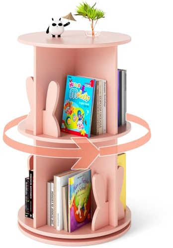COSTWAY 3 Tier Kids Bookshelf, 360° Rotating Bookcase with Bookends, Floor Standing Book Tower Storage Rack for Small Space, Kids Room, Bedroom, Nursery (Pink)