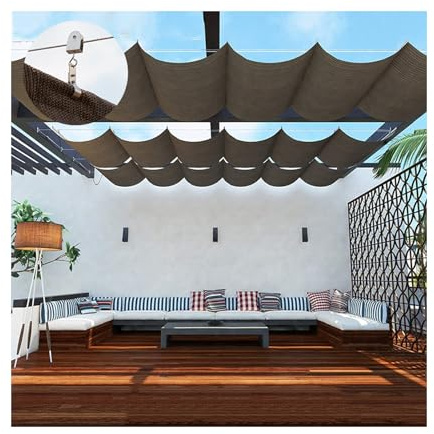 Sonnensegel, einziehbar, braunes Wellen-Design für Terrasse, Garten, Deck, Pavillon, Veranda, 2,6 m x 12 m (B x L x L), Slipline- und Seilsystem