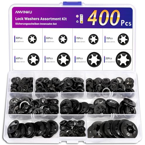 ANVINKU 400 Stück Sicherungsscheiben, 7 Größen Sicherungsscheiben Innenzahn, Manganstahl Klemmscheiben, M3/M4/M5/M6/M8/M10/M12 Unterlegscheiben, Sicherungsringe Set für Schnelle Befestigung