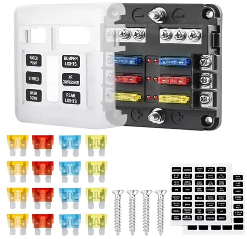 6 Way Fuse Box, 12V-32V Blade Fuse Block Holder with 16 Pcs Fuses LED Indicator Negative Bus Blade, Fuses Holder for Car RV Boat Truck Vehicle SUV Yacht Distribution Panel Accessories