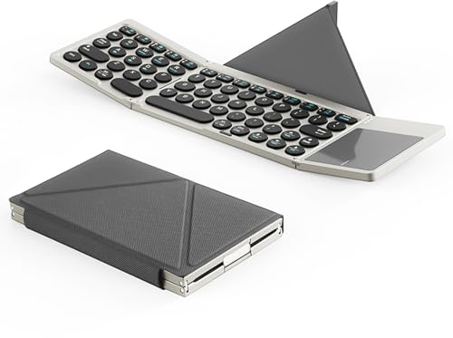 Foldable Bluetooth Keyboard with Touchpad & Magnetic Stand Cover, Ultra Slim Portable, 3-Device Switching, for iPad iPhone Mac Windows Android Tablets Phones PC (Light Gray)