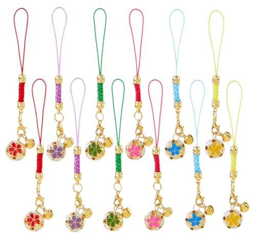 DICOSMETIC 12Pcs 6 Colors Flower Phone Charm Phone Wrist Strap Aesthetic Cellphone Charms Kawaii Cell Phones Keychain Metal Bell Cell Phones Pendant Accessories for Bag Backpack Camera