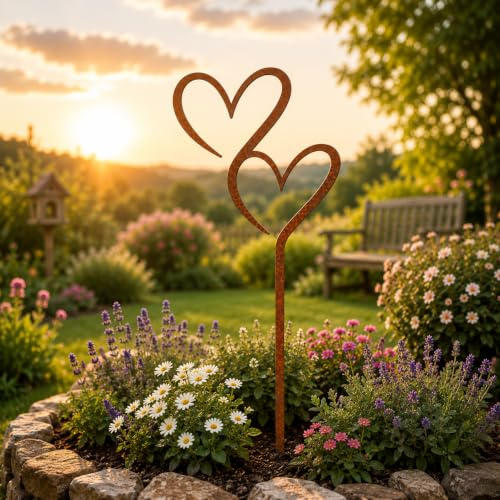 Generisch Gartenstecker Doppelherz aus Metall in Rostoptik – Beetstecker Herz – Wetterfeste Edelrost Gartendeko für Blumenbeet, Pflanzkübel, Balkon & Terrasse