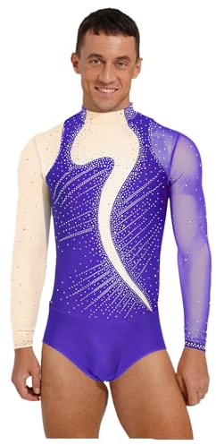 YiZYiF Herren Body Sport Tanzbody Strass Kontrastfarbe Mesh Eiskunstlauf Gymnastik Trikot Wettkampf Tanzkostüm Leotard Lila S