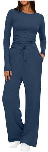 Mobeur 2 Piece Outfits Women Lounge Wear Sets Ruched Short Sleeve Crop Tops and High Elastic Waisted Wide Straight Leg Pants Tracksuit Joggers for Women UK Autumn Two Piece Outfit