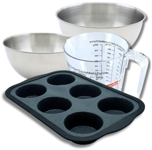 Zenker 9377450 Set à Pâtisserie Moule à 6 Muffins 28 x 18 cm, Silicone Fibre de Verre, Gâteaux, Cupcakes, 2 Bols Inox 20,5 et 25 cm, Verre Mesureur Plastique 1 L, Spatule, Noir, Rose