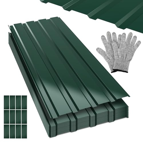 Monucep Chapa trapezoidal para tejado (12 unidades, 115 x 45 cm, aprox. 6,2 m², 0,25 mm, metal galvanizado, para cobertizos, incluye guantes de protección contra cortes), color verde