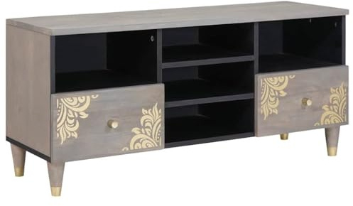 RCODSSK TV-Schrank Massivholz Mango 100x33x46, Fernsehschrank Massivholz Mango 46cm hoch, Lowboard 100x33x46, TV-Schrank mit Regal Grau 100cm