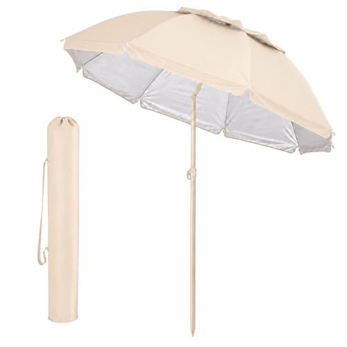 WENZO Ombrellone da Spiaggia 200 cm Antivento con Borsa, Palo Acciaio 28/32 mm, 8 Stecche in Fibra di Carbonio, Protezione UV Interna Argentata, per Spiaggia Giardino Campeggio, Beige