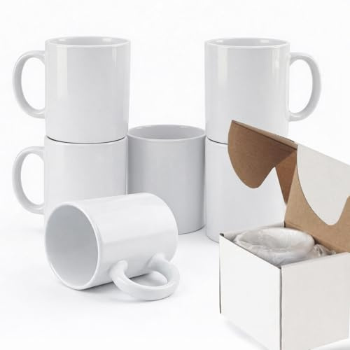 Sulwena White Coffee Mugs Set of 6 | 11oz Blank Sublimation Mugs with Boxes | AAA Gloss Ceramic Tea Cups with Large Handle for Heat Press Printing DIY Personalised Gifts