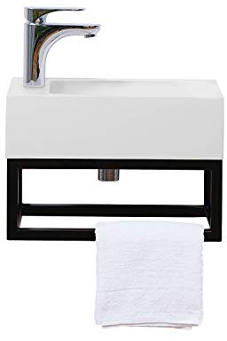 Stilform Gäste WC Waschbecken 40x22 cm Soho Industrial Design aus Mineralguss mit Metallgestell Schwarz Matt mit Hahnloch | Waschbecken mit Lotus-Effekt