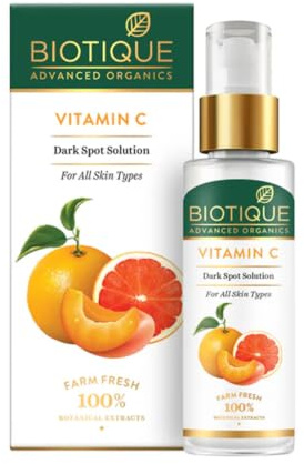 Biotique Sérum anti-taches sombres à la vitamine C qui aide à réduire les taches brunes, la pigmentation et le teint inégal de la peau, sérum léger à absorption rapide, convient à tous les types de