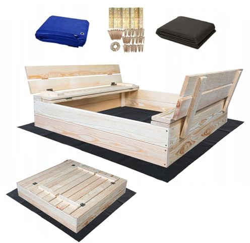 Magus Sandkasten 100x100 cm Unbehandelt Premium Sandbox mit Abdeckung Sitzbänken Deckel Plane Sandkiste Holz Kiefer Sandkastenvlies (100x100 cm Natur-Unbehandelt)