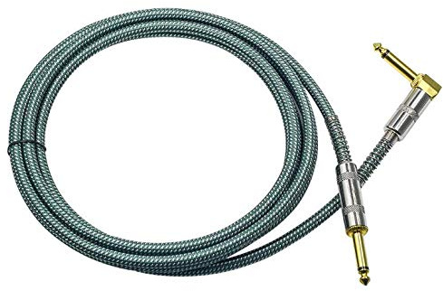 BIGGZ Professional Guitar Lead 3M/10ft, 6.35mm 1/4 Right Angled Nylon Braided Gold Plated Guitar Instrument Cable for Electric Guitar, Bass, Amp, Keyboard, Mandolin, Mixing Desks-STR/ANG (GREEN)
