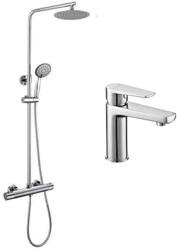 Kibath Conjunto Columna de ducha termóstatica ROU más Grifo de lavabo AST, Tubo regulable en Altura de 80 a 120 cm, Cromo Brillo, 830x1200