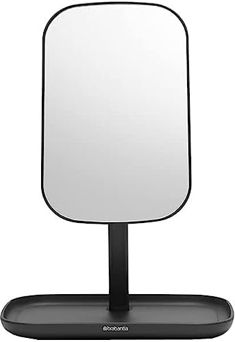 Brabantia ReNew 360° Adjustable Vanity Bathroom Mirror with Stand & Storage Tray (Dark Grey) Non-Slip Tray for Makeup, Jewellery, Shaving Accessories