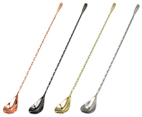 12 Inches Stainless Steel Mixing Spoon 4pcs Cocktail Bar Tool Long Handle Spiral Pattern Spoon Teardrop End for Ice Cream, Coffee, Milkshakes, Juice, Tea, Drink (12 inch-Silver,Black,Gold,Rose Gold)
