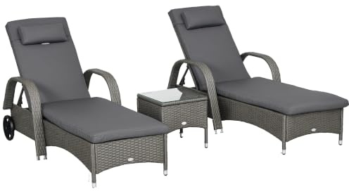 Outsunny Sonnenliege Gartenliege 3er-Set Gartenmöbel Grau+Dunkelgrau | Tisch, Polyrattan+Metall