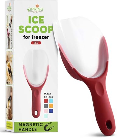 Spring Chef Red Magnetic Ice Scoop for Freezer & Ice Machine - Multifunctional BPA-Free Plastic Scoop with Soft Grip Handle - Kitchen Food Scooper for Flour, Rice, Popcorn, Dog Food - Dishwasher Safe