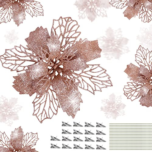 18 Stück Weihnachtsstern, künstliche Glitzer-Weihnachtsblumen mit Clips und Stielen für Weihnachtsbaumschmuck, Anhänger und Kranz, Dekorationen (Roségold)