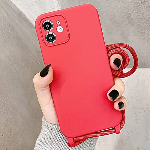 Emlivi Custodia per cellulare per iPhone 12 Mini, con cordino per cellulare, morbida custodia in silicone TPU con elegante nastro, catena per iPhone 12 Mini, colore rosso rosa