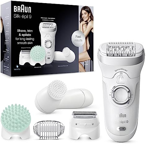 Braun Silk-épil 9 Epilierer Damen / Haarentferner für langanhaltende Haarentfernung, inkl. Körpermassage-Pad, Gesichtsreinigungsbürste, 9-865, weiß/silber