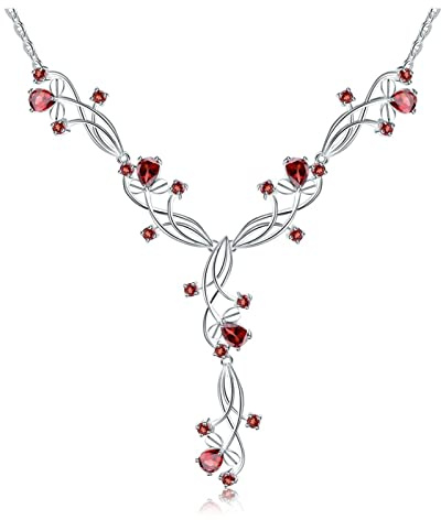 AGOUNOD Naturlig röd granat brudhalsband för kvinnor sterling silver ädelsten halsband bröllop smycken damhalsband (färg: Röd)