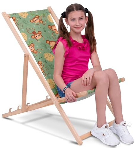 DreamRoots Chaise Longue Enfant en Bois de Hêtre, Chilienne Enfant Pliable, Transat Extérieur Jardin, Plage, Tissu Lavable Polyester 220 g/m², Charge Max 130 kg