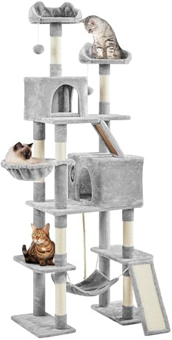 Yaheetech Rascador para Gatos 209 cm Torre Escalado Grande Gris Claro | Para Gatos grandes, Hamaca, Rampa sisal,Estabilidad, Fácil montaje, Duradero, Perca ancha, Cesta blanda, multifuncional
