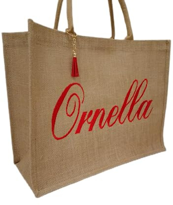Generico BORSA IN JUTA PERSONALIZZATA RICAMATA CON NOME REALIZZATA ARTIGIANALMENTE SINGOLARMENTE 30 x 25 x 12 cm Fabbricazione Artigianale di Borse
