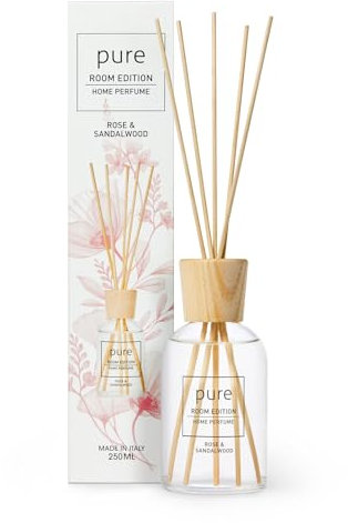 PURE ROOM EDITION 250ml Raumduft Rose & Sandelholz: natürliche Inhaltsstoffe, vegan & tierversuchsfrei, Bio-Alkohol, Diffuser mit Stäbchen hergestellt in Italien