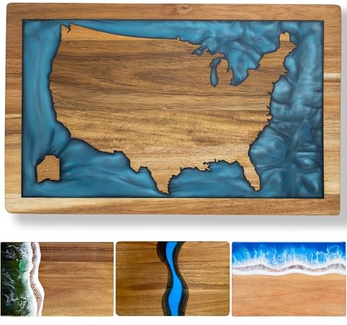 LILKUISYN Schneidebrett aus Akazienholz mit Kartenformen der Vereinigten Staaten von Amerika, blaues Epoxidharz, Ozean, für Küche, Mahlzeiten, Vorbereitung, Serviertablett, vielseitiges Käse- und