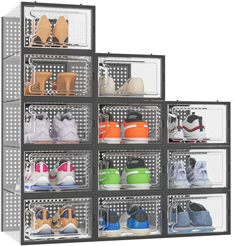Schuhboxen Stapelbar, 12er-Set Schuhorganizer Schuhaufbewahrung Transparent | Schuhkarton mit Deckel für Schuhe bis Größe 45, Schwarz