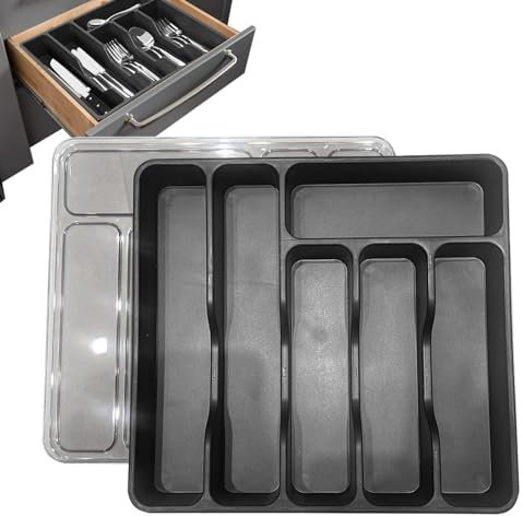 Bandeja para Cubiertos con Tapa,Soporte para Cubiertos para Cajón | Organizador de cajones con bandeja para cubiertos - Soporte para bandeja de cubiertos con tapa, 6 compartimentos para cubiertos, cuc